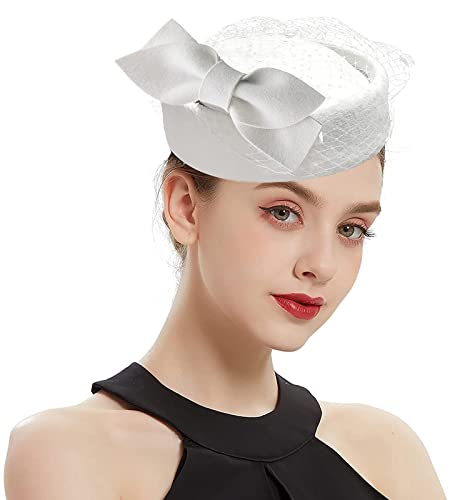 ORIDOOR Women's British Style Pillbox Church Derby Wedding Winter Vintage Fascinator Beret 100% Wool Felt Veil Hat - color: 04a-white