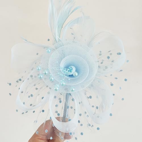 WLBON Fascinators Hat 20s 50s Headband Hair Clips Flower Mesh Veil Feather Headpiece Headwear Women Halloween Carnival Cocktail Wedding Church Cosplay Dress Up Birthday Tea Party Accessories Blue - color: Light Blue