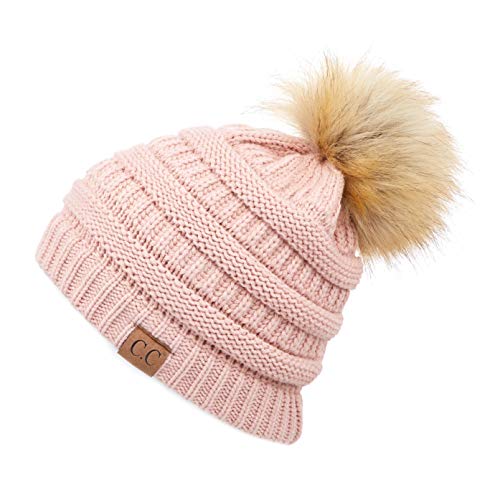 C.C Fur Pom Winter Fall Trendy Chunky Stretchy Cable Knit Beanie Hat - color: Solid Indi Pink