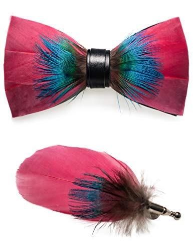 RBOCOTT Handmade Feather Pre-tied Bow tie and Brooch Sets for Men - color: Burgundy