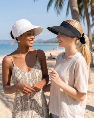 CHUNG 2 Pack Women Sun Visor Hat Wide Brim Summer UV Protection Zip-Off - color: White/Black