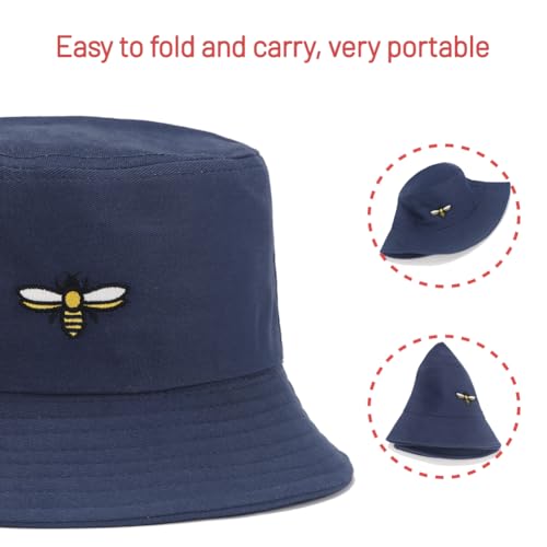 Cotton Bucket Hat for Women Men Summer Travel Sun Beach Bucket Cap, Unisex Outdoor Fisherman Hat - color: Bee Navy Blue
