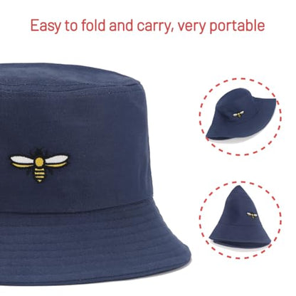 Cotton Bucket Hat for Women Men Summer Travel Sun Beach Bucket Cap, Unisex Outdoor Fisherman Hat - color: Bee Navy Blue