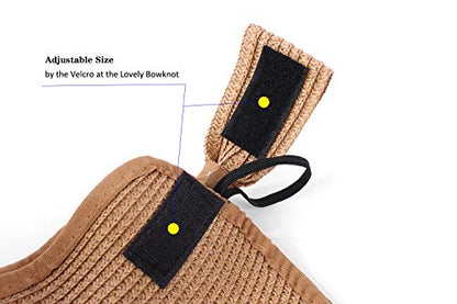Women Sun Visors Foldable Straw Hats Summer Beach Packable Hat Floppy Wide Brim Cap Deep Style, Adjustable Size - color: Khaki+beige