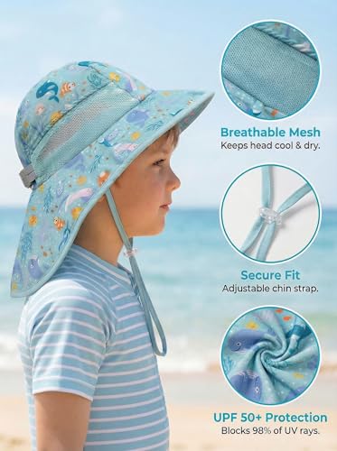 icolor Kids Sun Hat UPF50+ Sun Protection Bucket Hat Toddler Summer Beach Play Hats with Neck Flap for Girl Boy Ages 3~10 - color: Cartoon Sea World