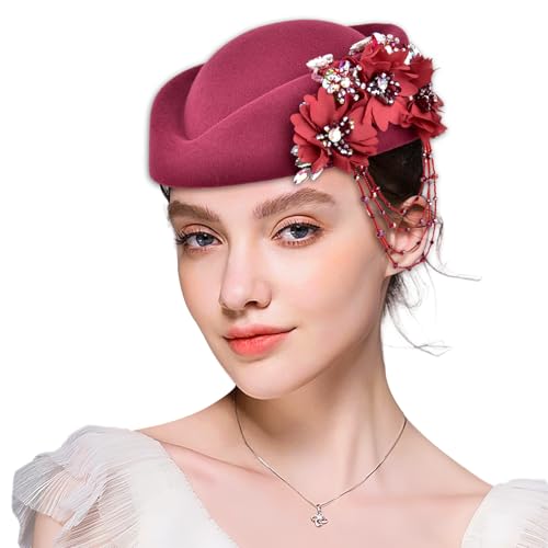 Women's Retro Stewardess Felt Hat, British Berets, Rhinestone Flower Decor, Ladies' Church Derby Hat - color: Tassel Style-wine Red