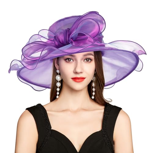 2026 Derby Hats for Women Ladies, Classy Organza Sun Hat, Church Tea Party Wedding Kentucky Fascinator Hat - color: B2967-purple