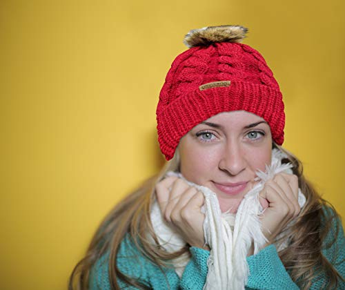 Novarena Thick Cable Knit Faux Fuzzy Fur Pom Fleece Lined Skull Cap Cuff Beanie - color: Red Pom Beanie