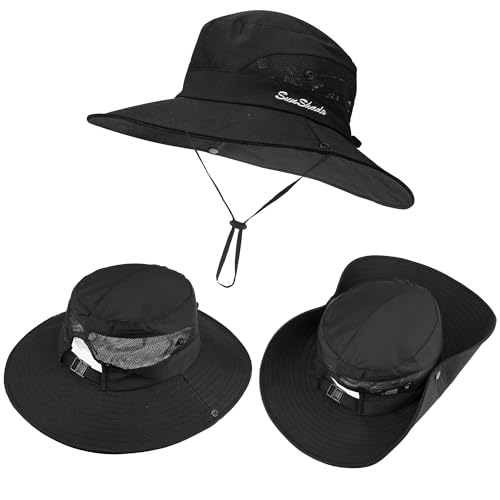 Women's Outdoor-UV-Protection-Foldable-Sun-Hats-Wide-Brim Hat Ponytail-Hole - color: Black