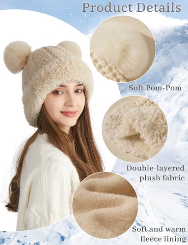 FEOYA Womens Knit Winter Beanie Hat with Faux Fur Pompom Fuzzy Cute Knit Fleece Lined Skull Cap - color: Off-white