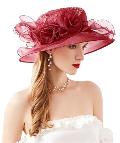 Women Derby Fascinator Hat Organza Church Wedding Hats Wide Brim Cocktail Tea Party Hat - color: 12 Burgundy