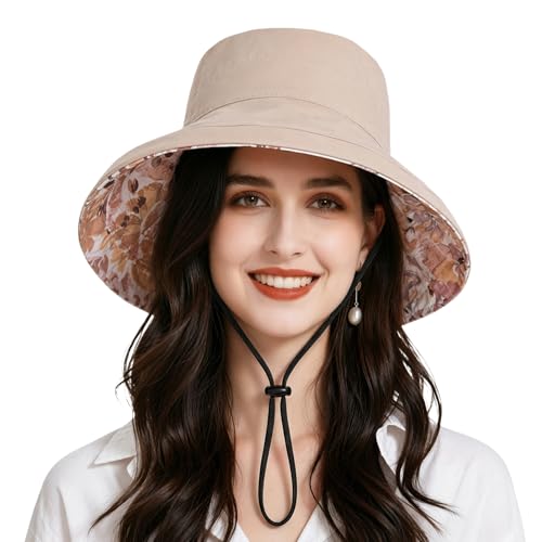 Womens Foldable Shapeable Brim Sun Hat UPF 50+ Cotton Wide Brim Beach Adjustable Chin Strap Hat Sun Protection Cap - color: Z5-khaki