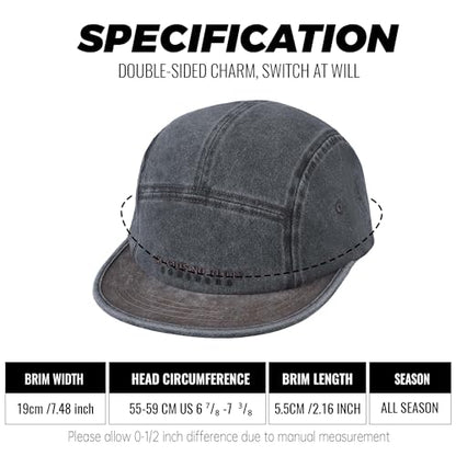 Clakllie Flat Brim Baseball Cap Retro 5 Panel Short Brim Cap Embroidered Trucker Hat Running Hats UPF 50+ Umpire Hats,Gray