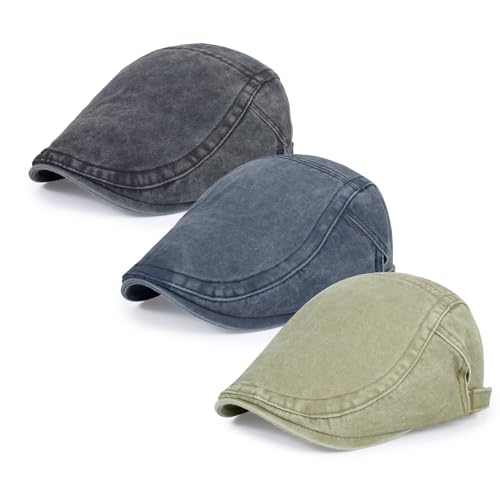 3Pcs Men's Newsboy Caps Cotton Cooling Hat Adjustable Flat Cap for Men - color: Washed-black+navyblue+green