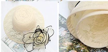 Organza Fascinator Hat - Women’s Wide Brim Church Bridal Tea Party Wedding Hat - color: 03-beige,black