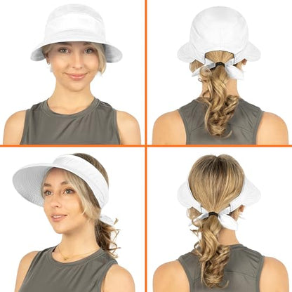 SUN CUBE Womens Sun Hat UV Protection Wide Brim Zip-Off Golf Visor - color: White