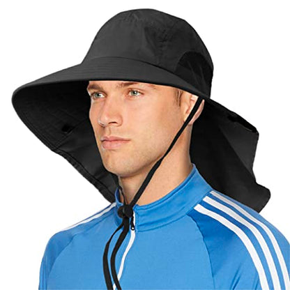 SUN CUBE Wide Brim Sun Hat with Neck Flap for Men Women, UPF50+ Fishing - color: Black
