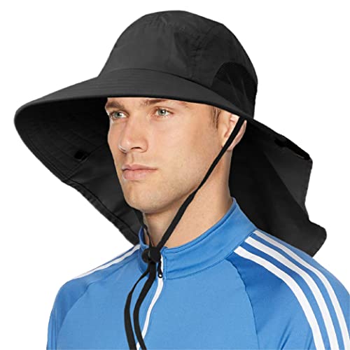 SUN CUBE Wide Brim Sun Hat with Neck Flap for Men Women, UPF50+ Fishing - color: Black
