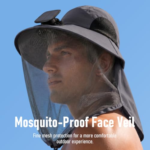 Short Brim Sun Hat with Solar Fan & Face Net Mask for Men Women UPF 50+ Neck Flap for Garden Outdoor Fishing Beach Essential - color: Navy Green