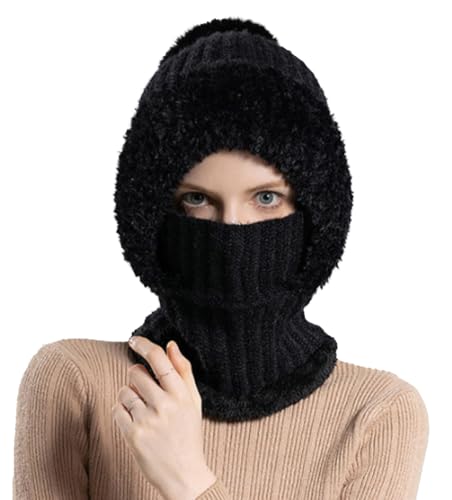 Womens Knit Beanie Hat Fleece Lined Winter Scarf Mask Set Snow Caps Plush Earmuff Skull Hats with Pompom - color: Black