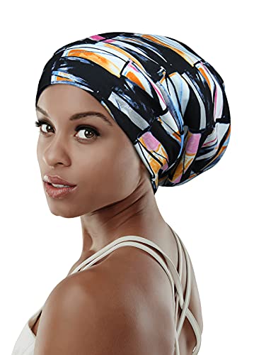 Adjustable Satin Lined Sleep Cap for Dreadlocks Curly Hair Large Head-Stay On Overnight - color: Beige Purple