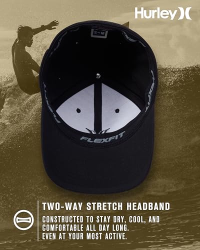 Hurley Mens Textured Fitted Baseball Cap, Moisture Wicking, Curved Brim - color: Black/(Black), size: Large-X-Large