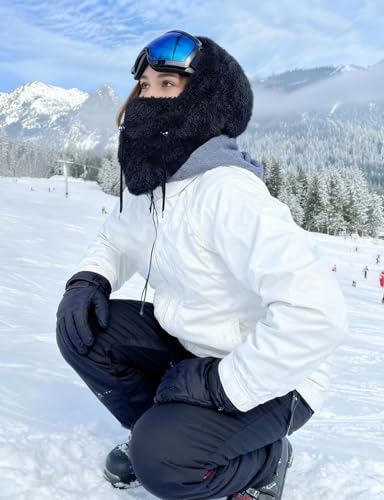 AURUZA Balaclava Face Mask for Women Men Winter Hat Windproof Fleece Neck Warmer Warm Face Cover Scarf - color: Black