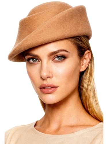 Small Top Hats for Women Elegant Winter Vintage Beret Wool Felt Fedoras Ladies Luxury Wedding and Church Cap Female - color: Camel