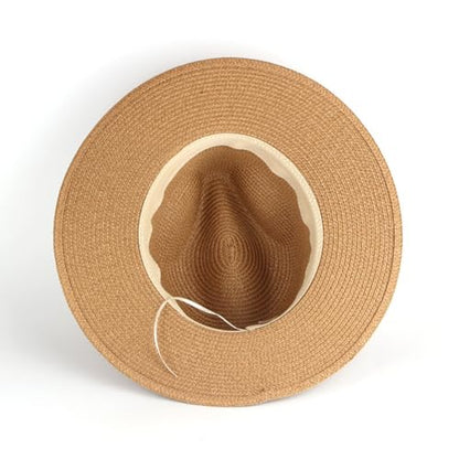 Foldable Brim Straw Hat Woven Beach Cap Wide Brim Summer Hat Travel Straw Sun Hat Packable Beach Hat with Black Band Beige - color: Beige