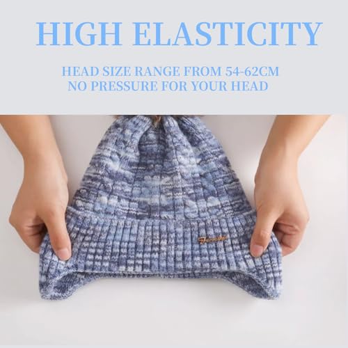 FENELY Women's Knitted Warm Beanie Winter Hat, Warm Chunky Snow Hat with Pompom - color: Bluespacedye