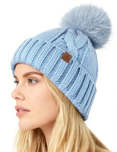 DS DADOU&XIAOSHAN Winter Hats for Women, Fleece Lined Beanie with Pom Pom, Girls Womens Knit Hat Beanies Toboggan - color: Sky Blue