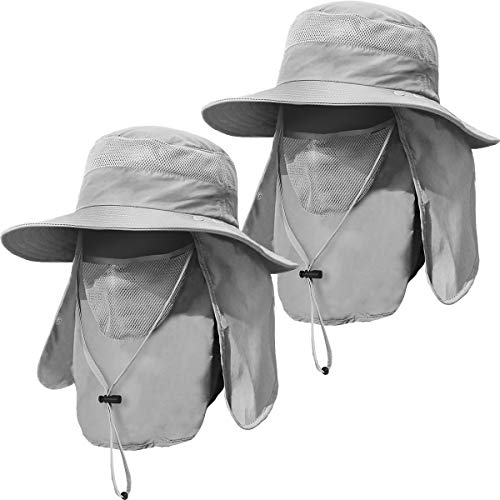 2 Pieces Men's Wide Brim Fishing Hat Outdoor UPF 50+ Sun Protection Removable Face and Neck Flap - color: Light Grey & Light Grey