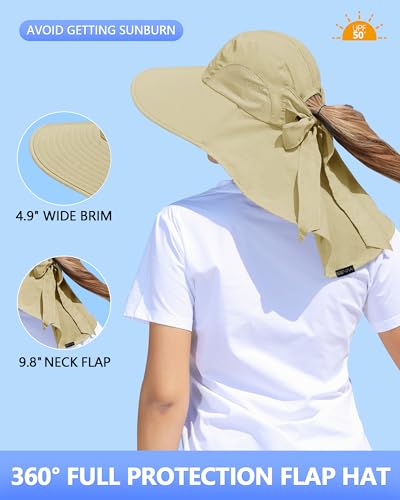 Womens Sun Hat Outdoor UV Protection Wide Brim Fishing Hat with Ponytail Hole Neck Flap for Beach Hiking Camping - color: Light Khaki