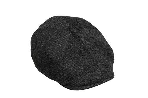8 Panel Wool Blend Newsboy Cap – Classic Tweed & Herringbone Baker Boy Hat for Men & Women - color: Black Herringbone, size: XX-Large