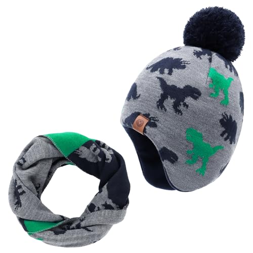 Duoyeree Kids Beanie Dinosaur Pom Pom Knit Winter Hat Fleece Lined for 1-7T - color: Dinosaur Hat and Scarf Set, size: 2-4T