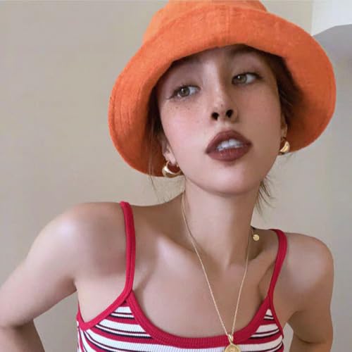 Cotton Terrycloth Bucket Hat for Women Fisherman Wide Brim Fishing Hat for Men Spring Fall Sun Protection Outfits - color: Orange