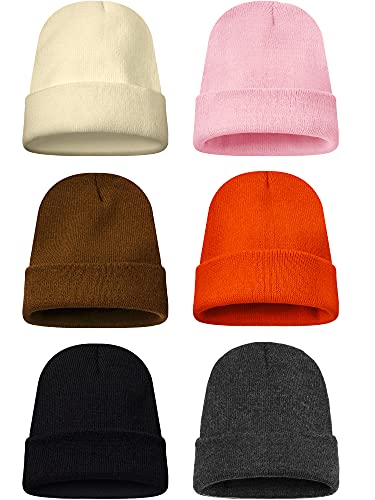 Geyoga 6 Pieces Multicolor Winter Beanie Hats Warm Knitted Cuffed Skull Cap for Adults - color: White, Pink, Dark Orange, Black, Black and Caramel
