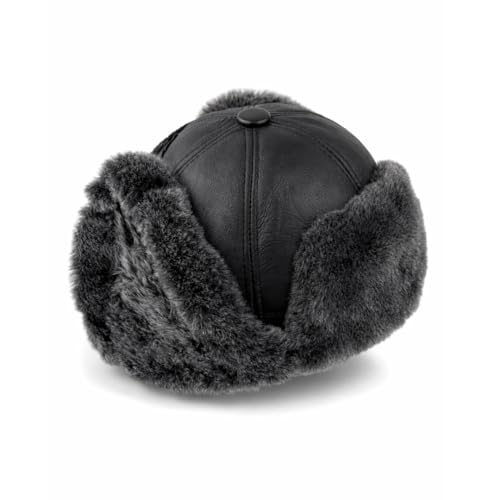 Leather Aviator Russian Ushanka Trapper Shearling Sheepskin Fur Ear Flap Waterproof Winter Hat - color: Gray, size: X-Large