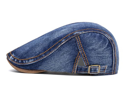 QHFHULV Newsboy Cap for Men Cotton Flat Gatsby Ivy Golf Cabbie Driving Hat - color: Denim Navy