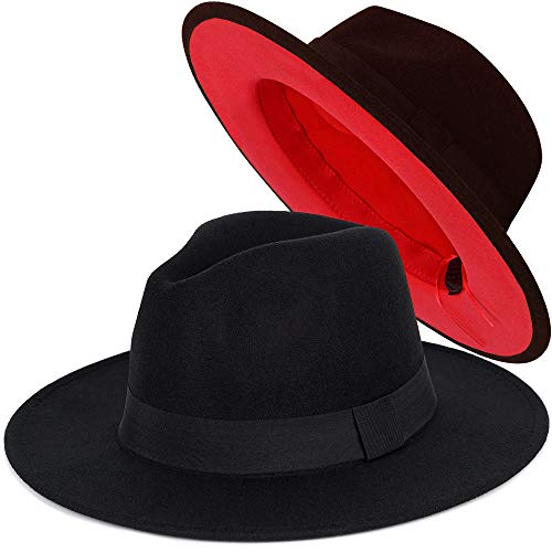 Trendy Fedora Hats for Men & Women Wide Brim Felt Hat Dress Panama Hat Two Tone Fedora - color: A Black-red, size: Medium