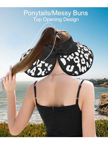sy soul young Women's Straw Hat with Ponytail Hole Wide Brim Visor Sunhat - color: Black With Leopard 2