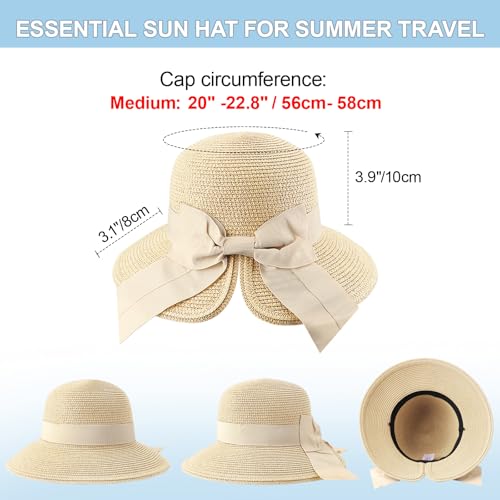 DRESHOW Sun Hats for Women Travel Fedora Foldable Beach Sun Hat Summer Wide Brim Straw Bucket Hat with Bowknot UPF 50+ - color: 1 Pack Bowknot Straw Hat: Beige With Beige Band
