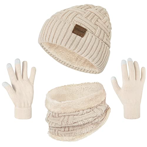 Loritta 3-Pieces Winter Hats for Women Warm Scarf Touchscreen Gloves - color: Beige