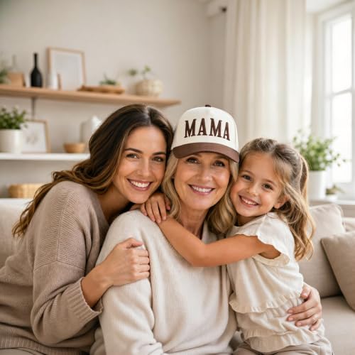 Women’s Mama Trucker Hat Trendy, Embroidered Adjustable Mom Baseball Cap, Two-Tone Ponytail Hat for Outfits - color: Brown