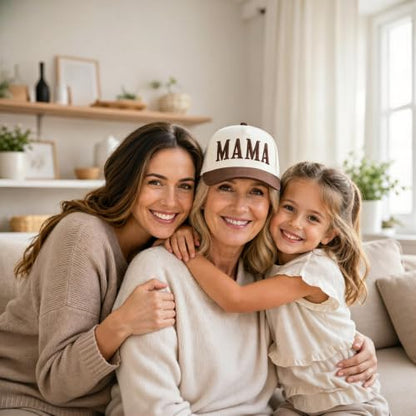 Women’s Mama Trucker Hat Trendy, Embroidered Adjustable Mom Baseball Cap, Two-Tone Ponytail Hat for Outfits - color: Brown