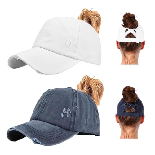 2 Packs Womens Criss‑Cross High Ponytail Trucker Hat, Cotton Vintage Washed Distressed Adjustable Baseball Cap - color: 2pcs 10