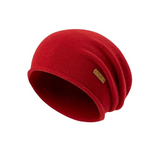 100% Merino Wool Slouchy Beanie Hat, Women Warm Winter Caps Soft, Ladies Breathable & Cozy Stretchy Knitted Skull Cap - color: Chili Red