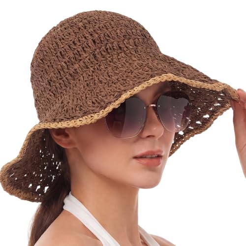 Eurzom Wide Brim Straw Bucket Hats for Women Summer Beach Sun Hat Foldable Packable Outdoor Travel Fedora Hat UV Protection - color: Brown