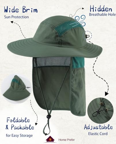 Home Prefer UPF 50+ Sun Hat with Neck Flap Wide Brim Fishing Hat for Men - color: Forest Green
