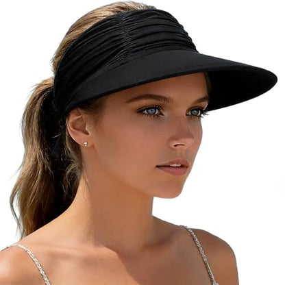 KXF Sun Visors Hat for Women Wide Brim Beach Hat Foldable Visor Hat Cap Ponytail Summer Packable UPF 50+ Adjustable Stretchy - color: Black